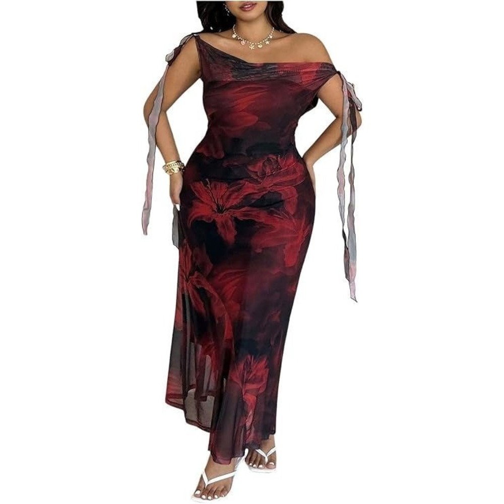 Floerns Women's Floral Sleeveless Tie Shoulder Mesh Maxi Dress - Red/Black - 3X